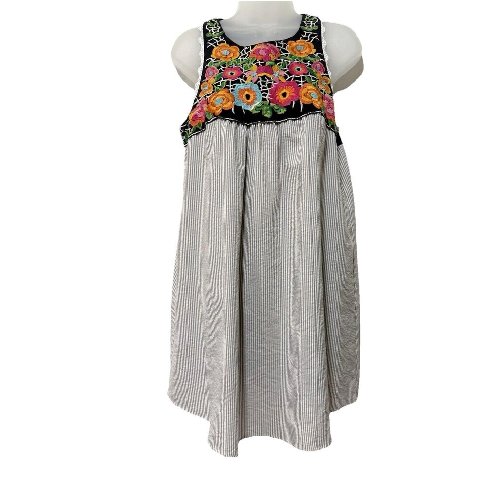 Altar'd Embroidered Floral Sleeveless Dress Striped Boho Cottagecore M